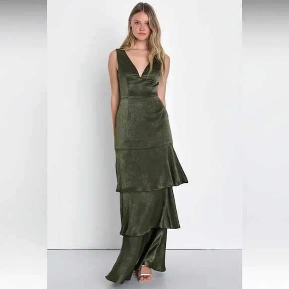 Lulus | Dresses | Lulus Exclusive Elegance Olive Green Satin Tiered Maxi  Dress | Poshmark